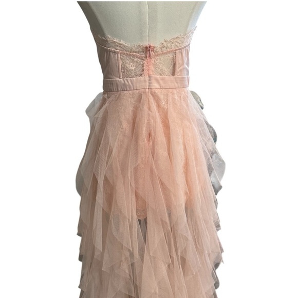 PINK Lace Mesh Tulle Mini‎ Maxi Flowy Bustier Corset Dress Size S Ruffle Sexy - Picture 7 of 8